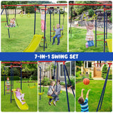 HONEY JOY 7-in-1 Kids Swing Set with 2 Swings, Slide, Fun Glider, Gym Rings