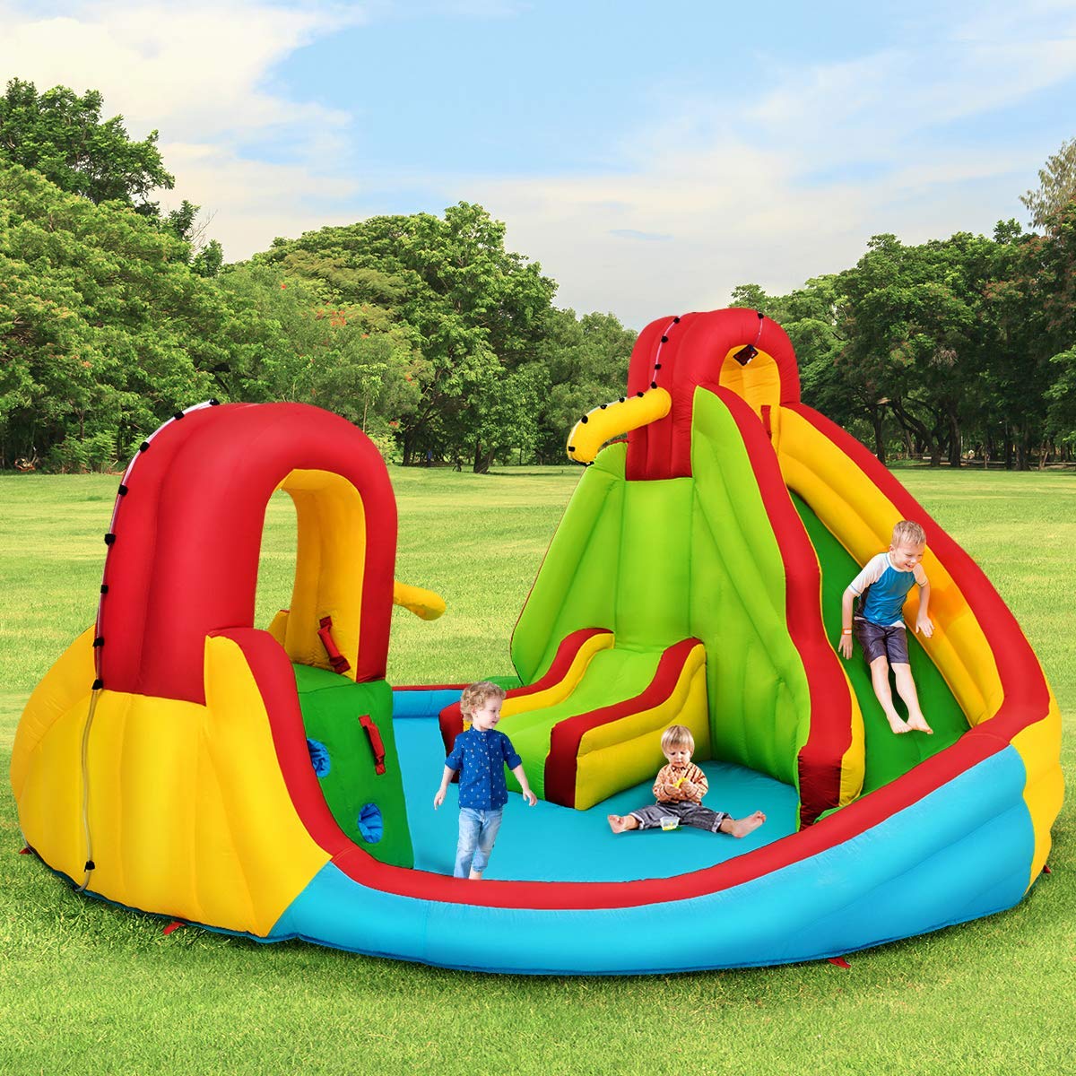 Inflatable Water Park Jumping Castle, Kids Jumping Bounce House w/ Large Splash Pool, Slides