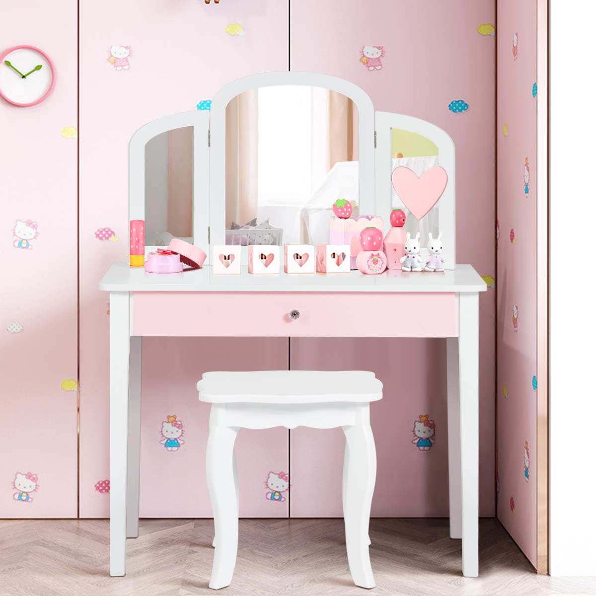 Kids Makeup Table Stool Set with Tri-folding Mirror for Bedroom