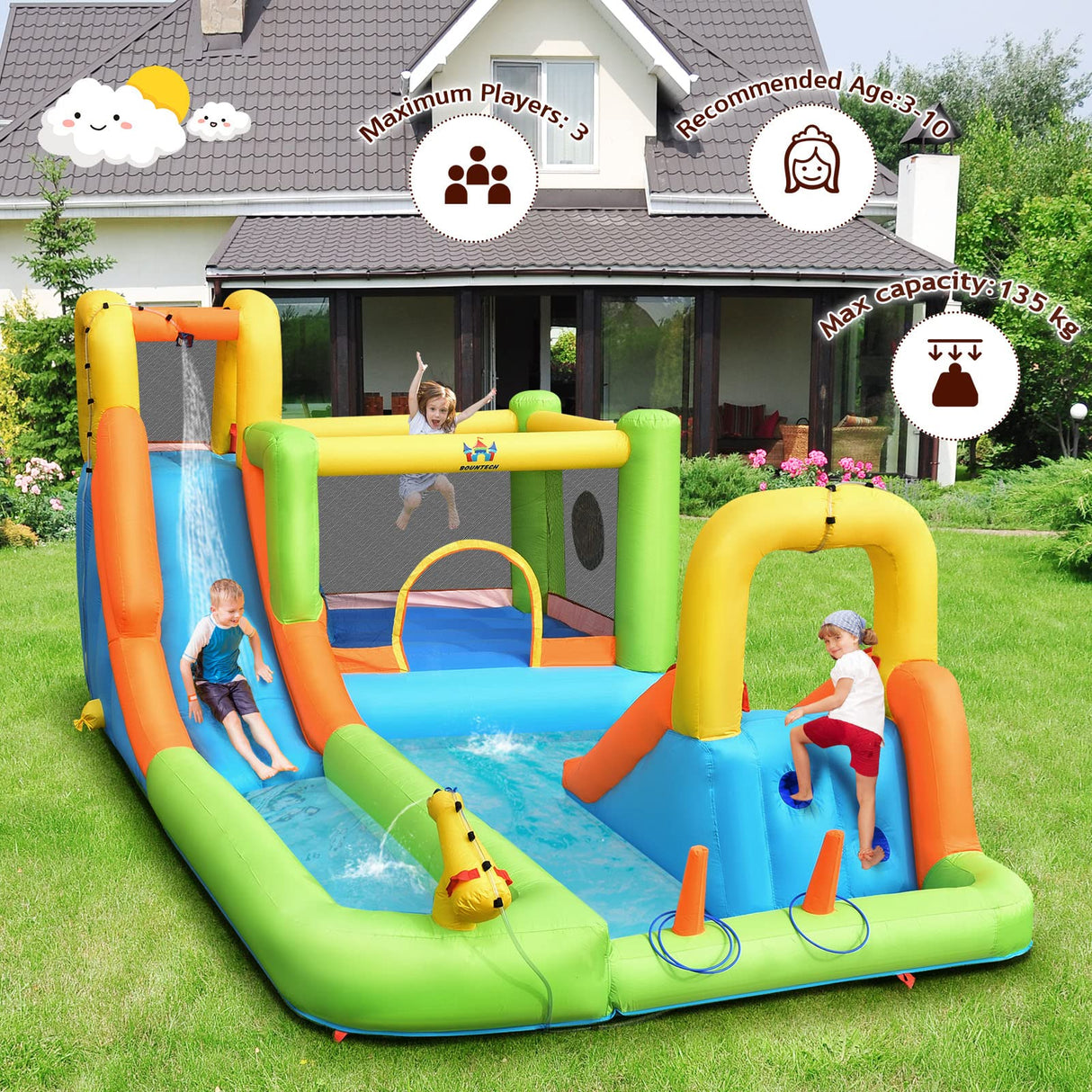 HONEY JOY 8 in 1 Inflatable Water Slide, Water Park w/Double Slides, Basketball Hoop, Water Gun (Without Blower)