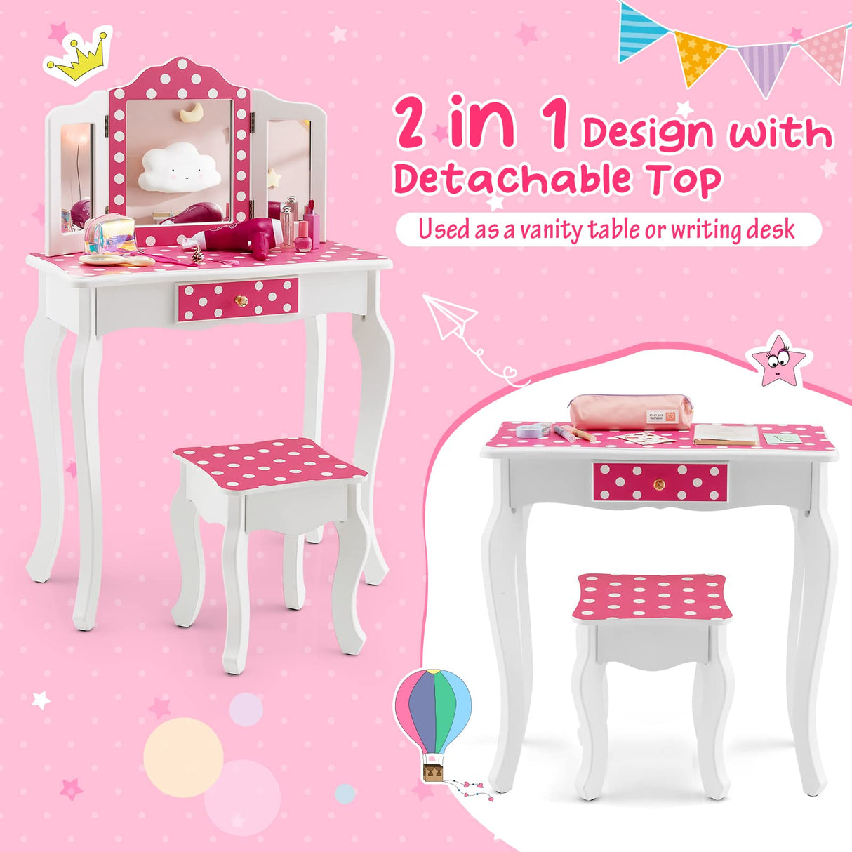 HONEY JOY 2 in 1 Kid Vanity Table & Stool Set Pretend Play Makeup Dressing Table