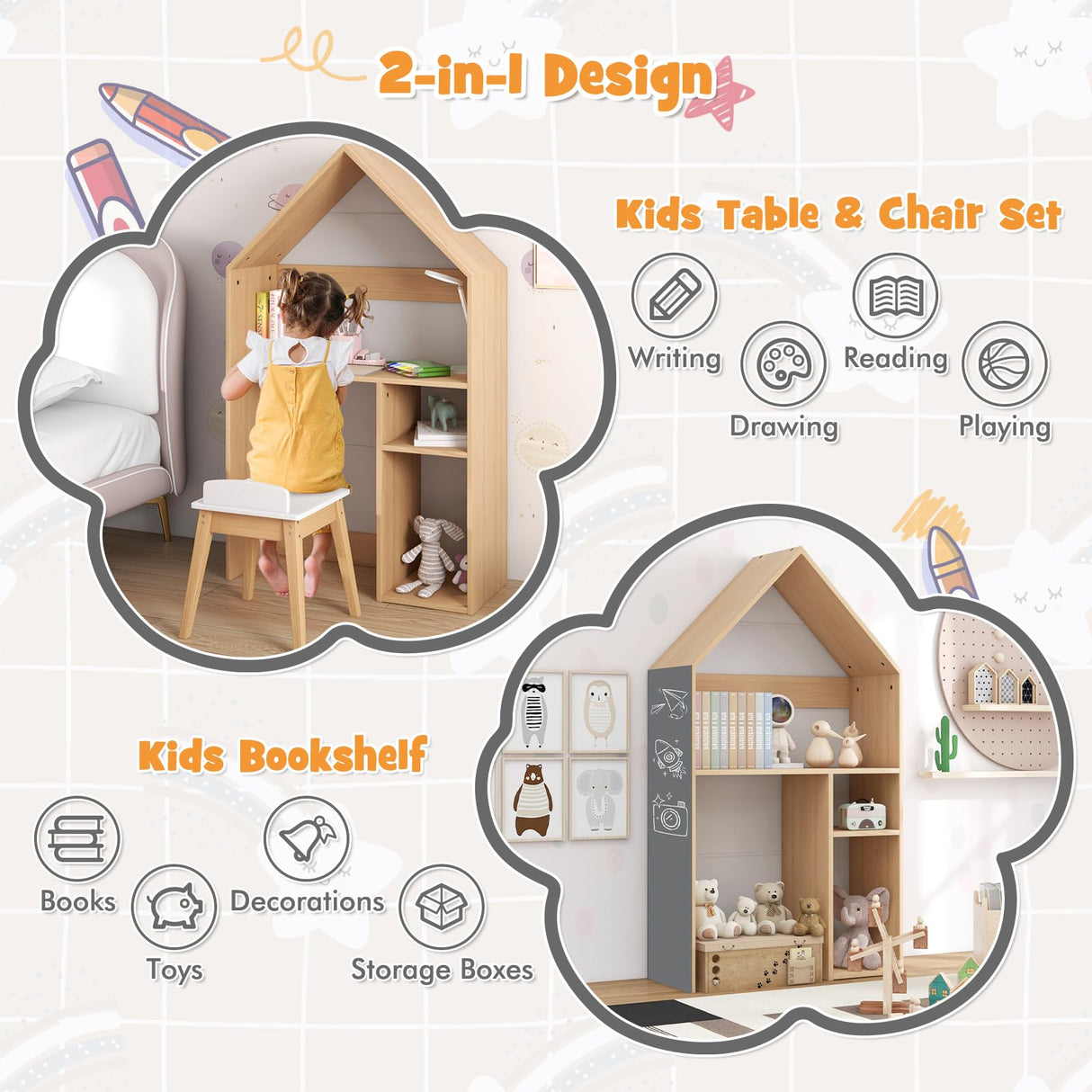 HONEY JOY Kids House-Shaped Table and Chair Set