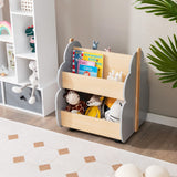 HONEY JOY Kids Wooden Bookshelf, Toddler Double-Sided Bookcase Toy Storage Shelf w/Universal Wheels