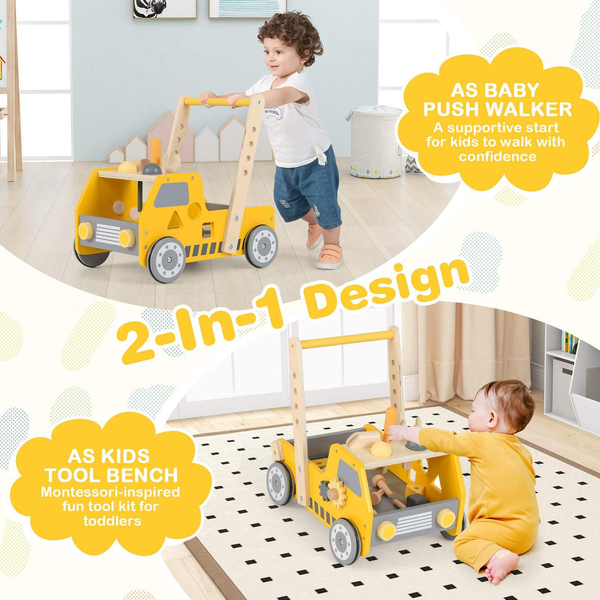 2-in-1 Wooden Baby Walker Toddler Montessori Push and Pull Walker w/Tool Kit Toy