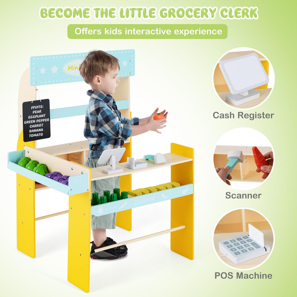 HONEY JOY Wooden Grocery Store for Kids, Pretend Supermarket Stand