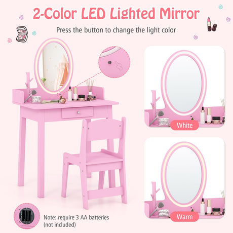 HONEY JOY Wooden Kids Vanity Set w/Lighted Mirror, Makeup Beauty Dressing Table w/Chair