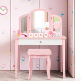 Kids Makeup Table Stool Set with Tri-folding Mirror for Bedroom