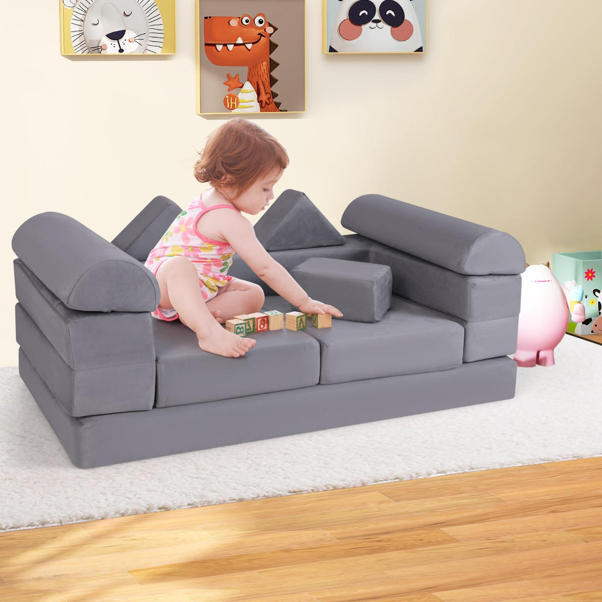 9-Piece Modular Kids Play Couch, Climb & Crawl Foam Playset w/ Breathable Suede Fabric