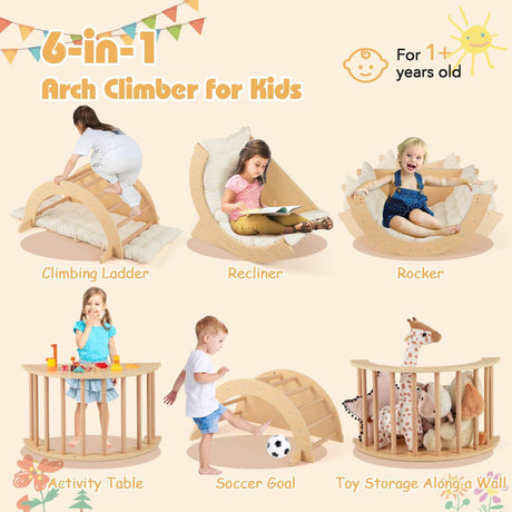 6 in 1 Climbing Arch Playset Wooden Rocker Stoppers Table w/Removable Cushion