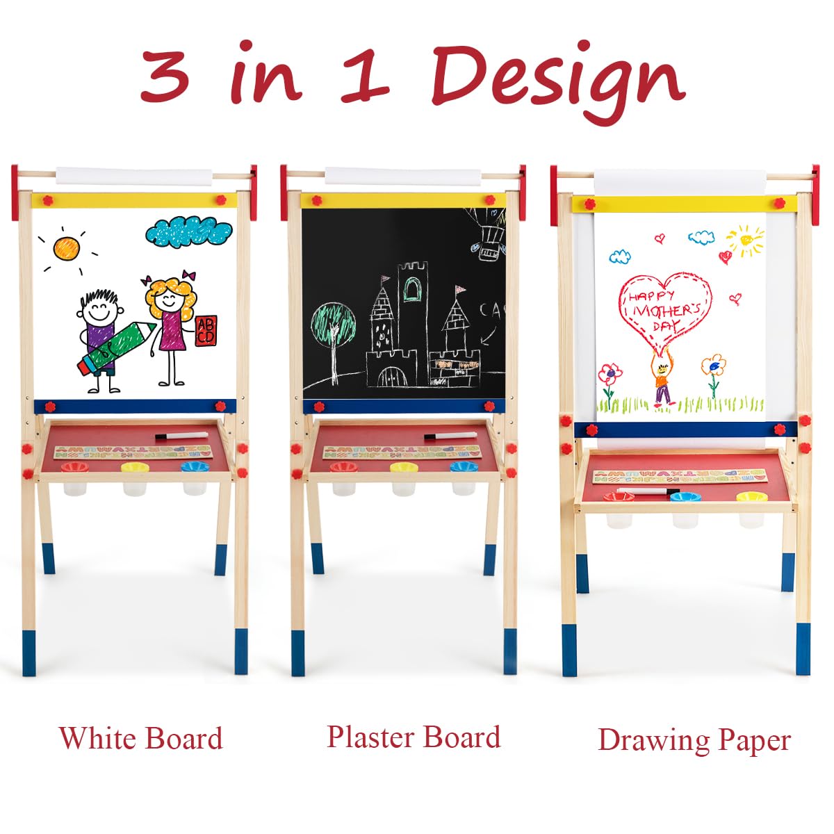 BABY JOY Kids Art Easel, 3 in 1 Double Sided Adjustable Chalkboard & Whiteboard