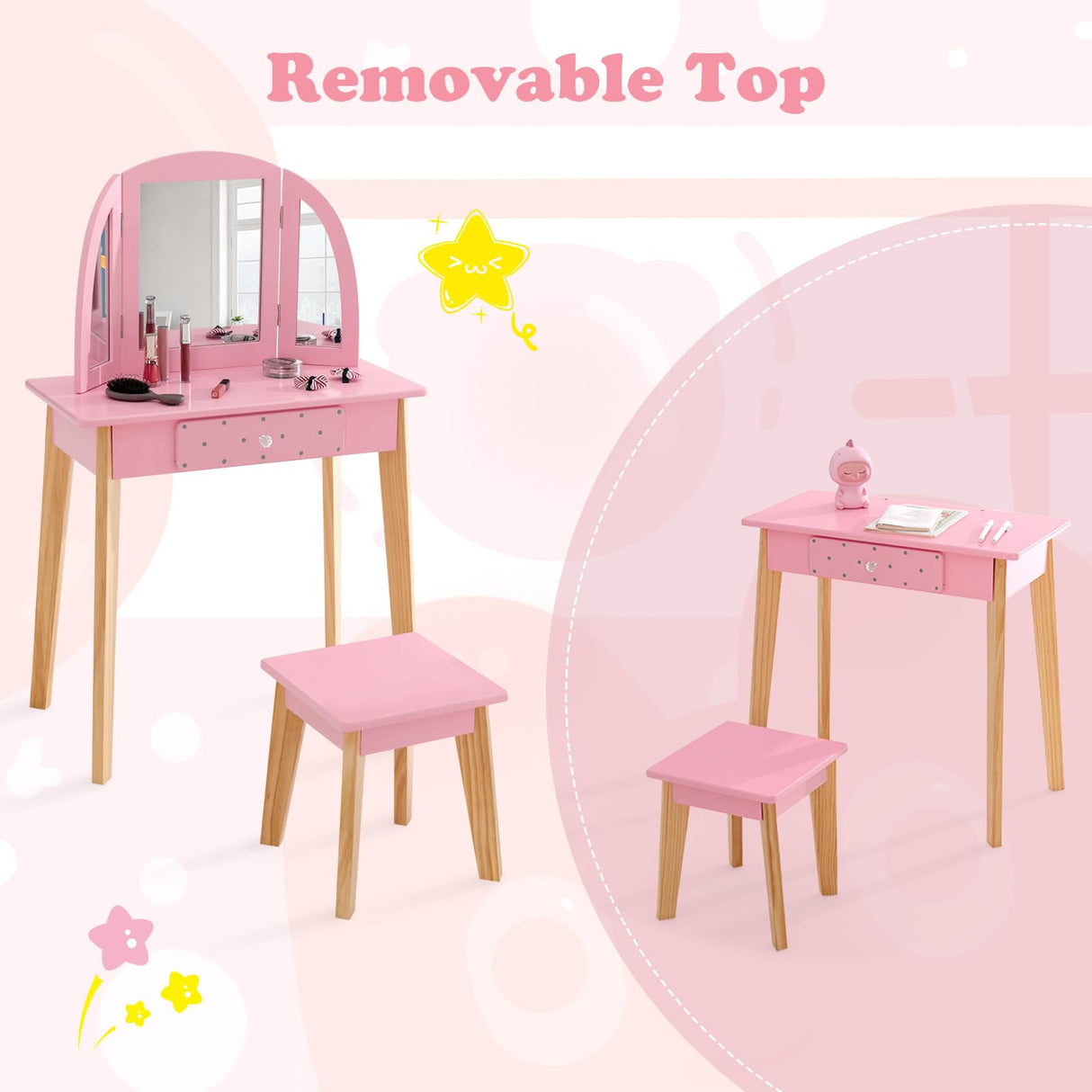 HONEY JOY 2-in-1 Kids' Vanity Set, Kids Wooden Vanity Table & Stool with Tri-Folding Mirror, Single Drawer