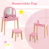 HONEY JOY 2-in-1 Kids' Vanity Set, Kids Wooden Vanity Table & Stool with Tri-Folding Mirror, Single Drawer