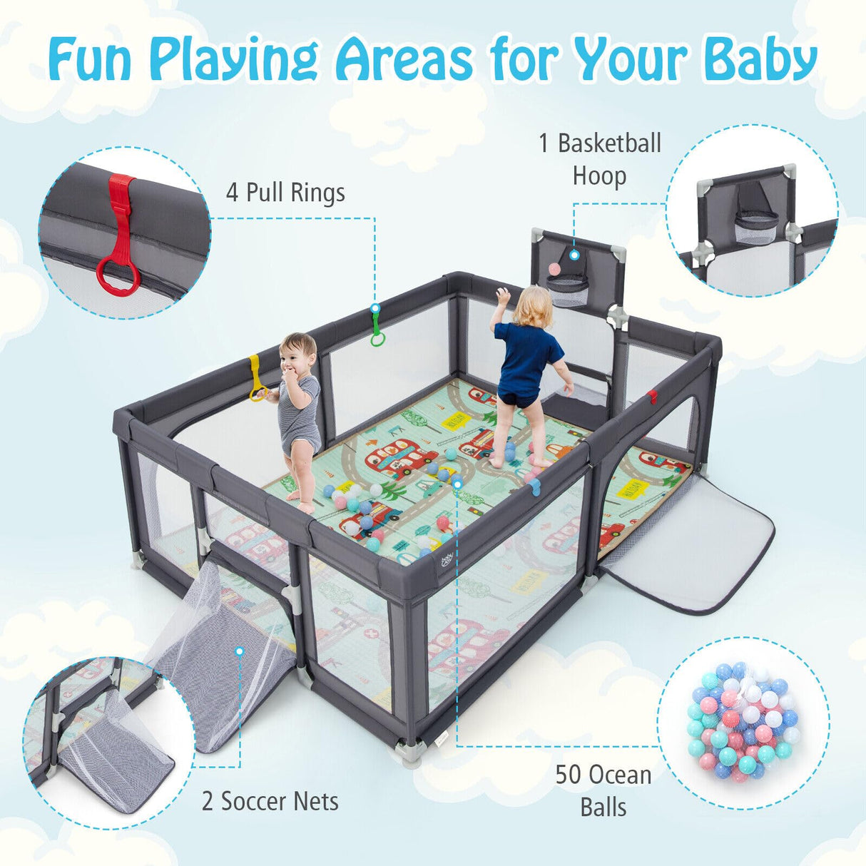 204 × 147 cm Large Baby Playpen, Baby Playard with Basketball Hoop, Soccer Gates, Pull Rings, Zippered Doors & Ocean Balls