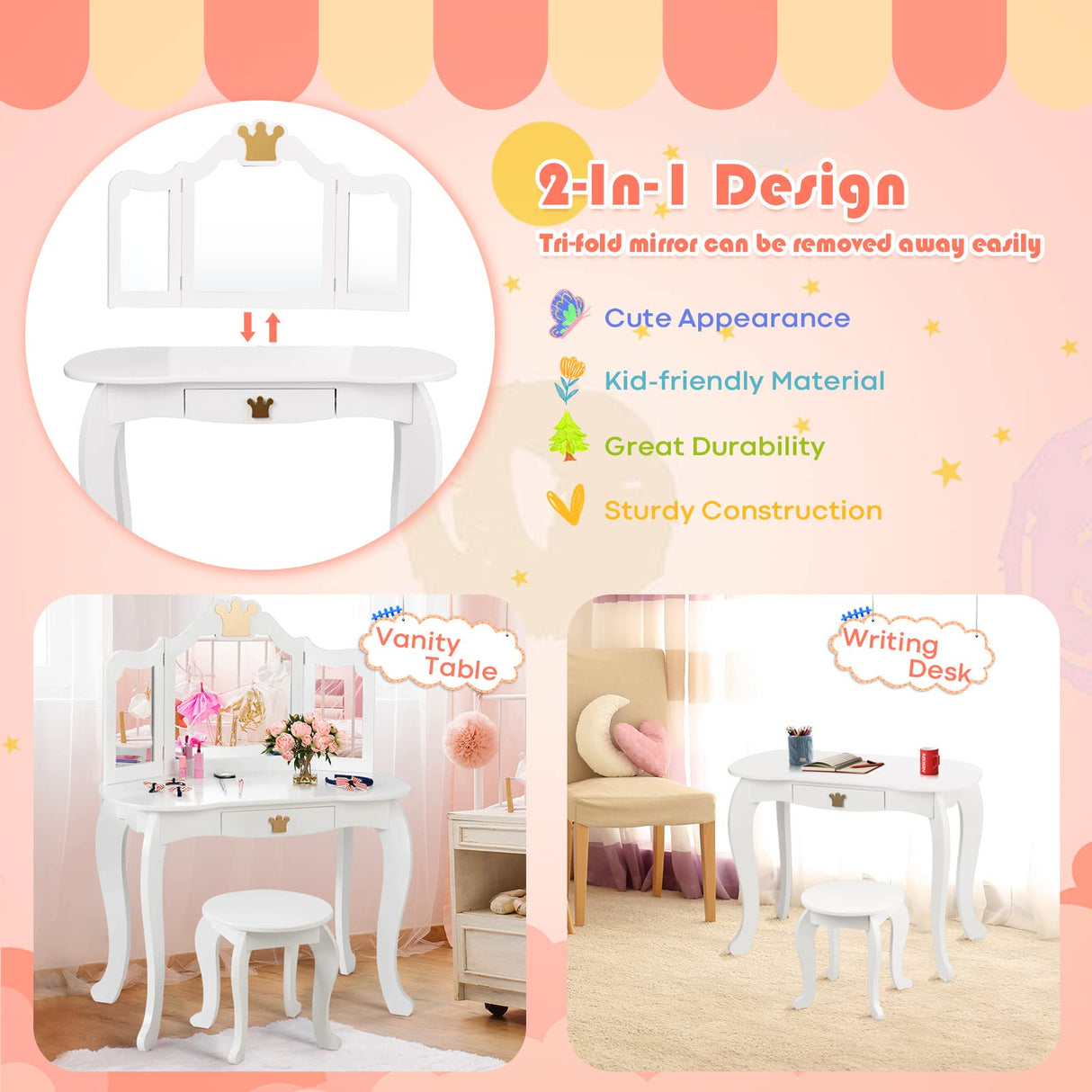 HONEY JOY 2-in-1 Kids Dressing Table & Stool Set, Toddler Wooden Vanity Table with Tri-Fold Mirror & Drawer