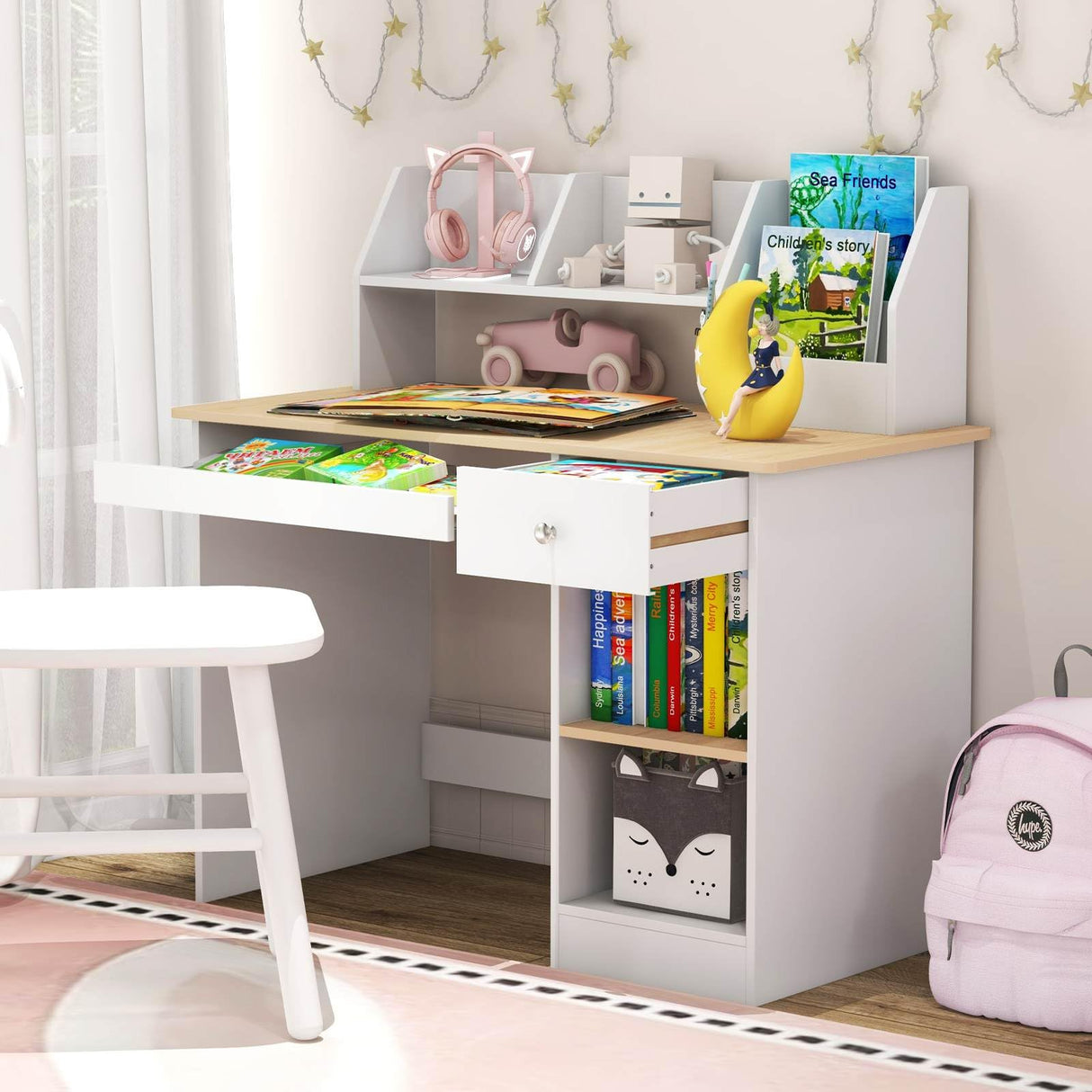 HONEY JOY Kids Study Desk, Children Writing Table w/Hutch