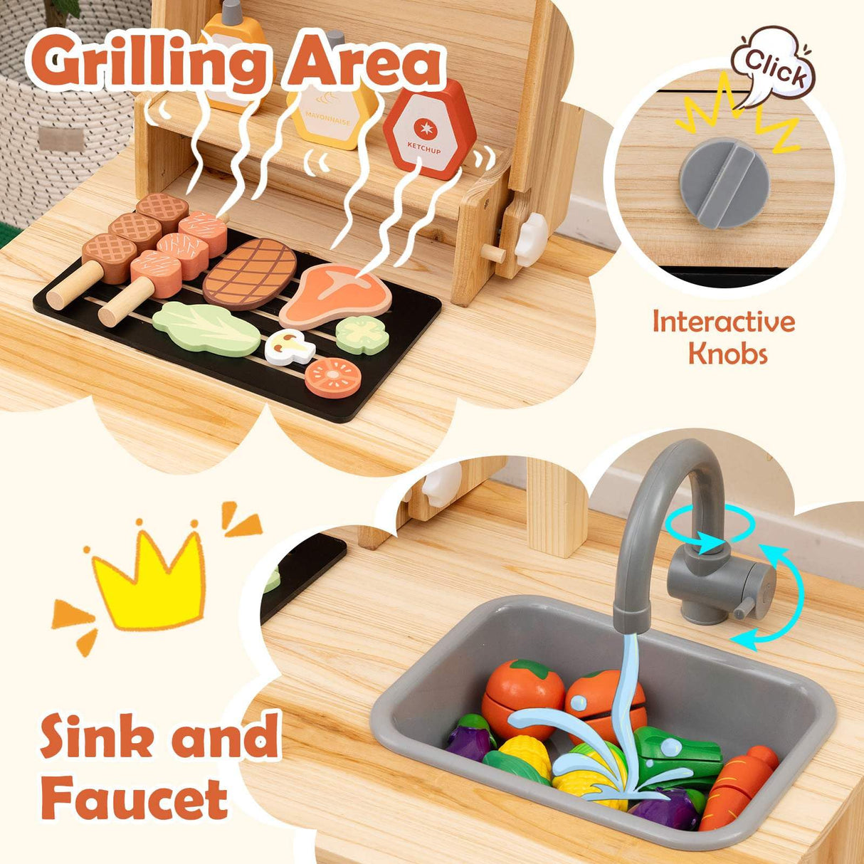 HONEY JOY Wooden Barbecue Grill Playset, Pretend Play Kitchen Set with Play Food, Grilling Tools & Accessories