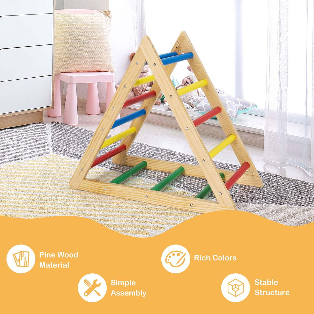 HONEY JOY Triangle Climber, Wooden Climbing Ladder Play Equipment for Kids