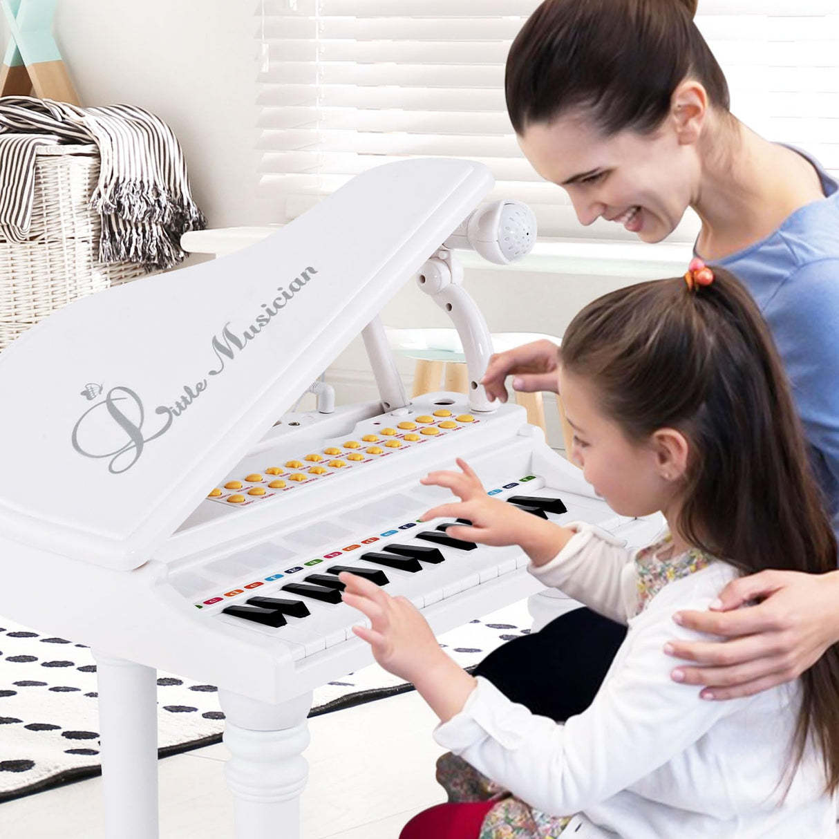 HONEY JOY 31 Keys Kids Piano Keyboard with Stool, Multifunctional Toy Piano with Microphone (White)