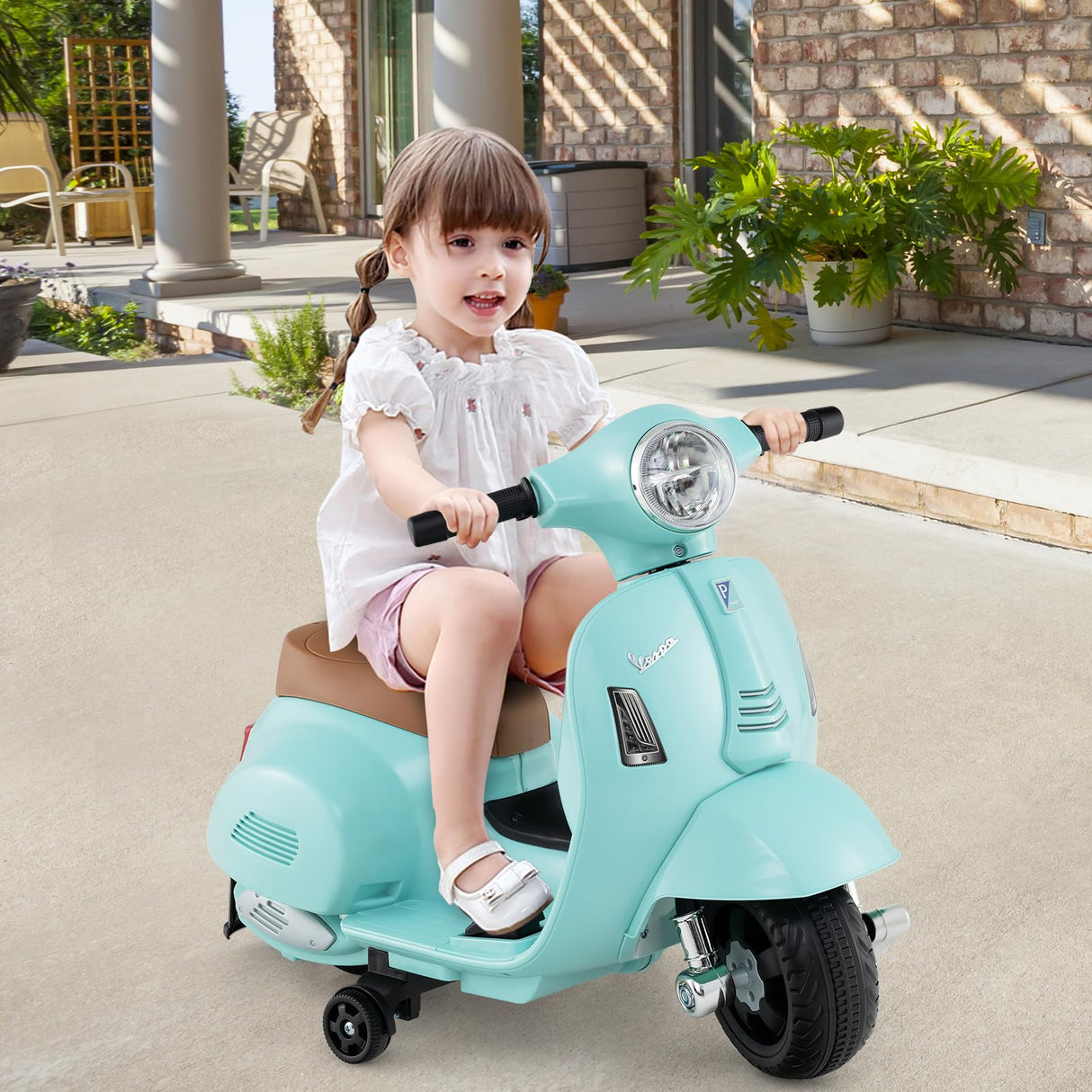 HONEY JOY Licensed Vespa Kids Ride on Motorcycle, 6V Battery Motorbike with LED Headlight & Horn Sound