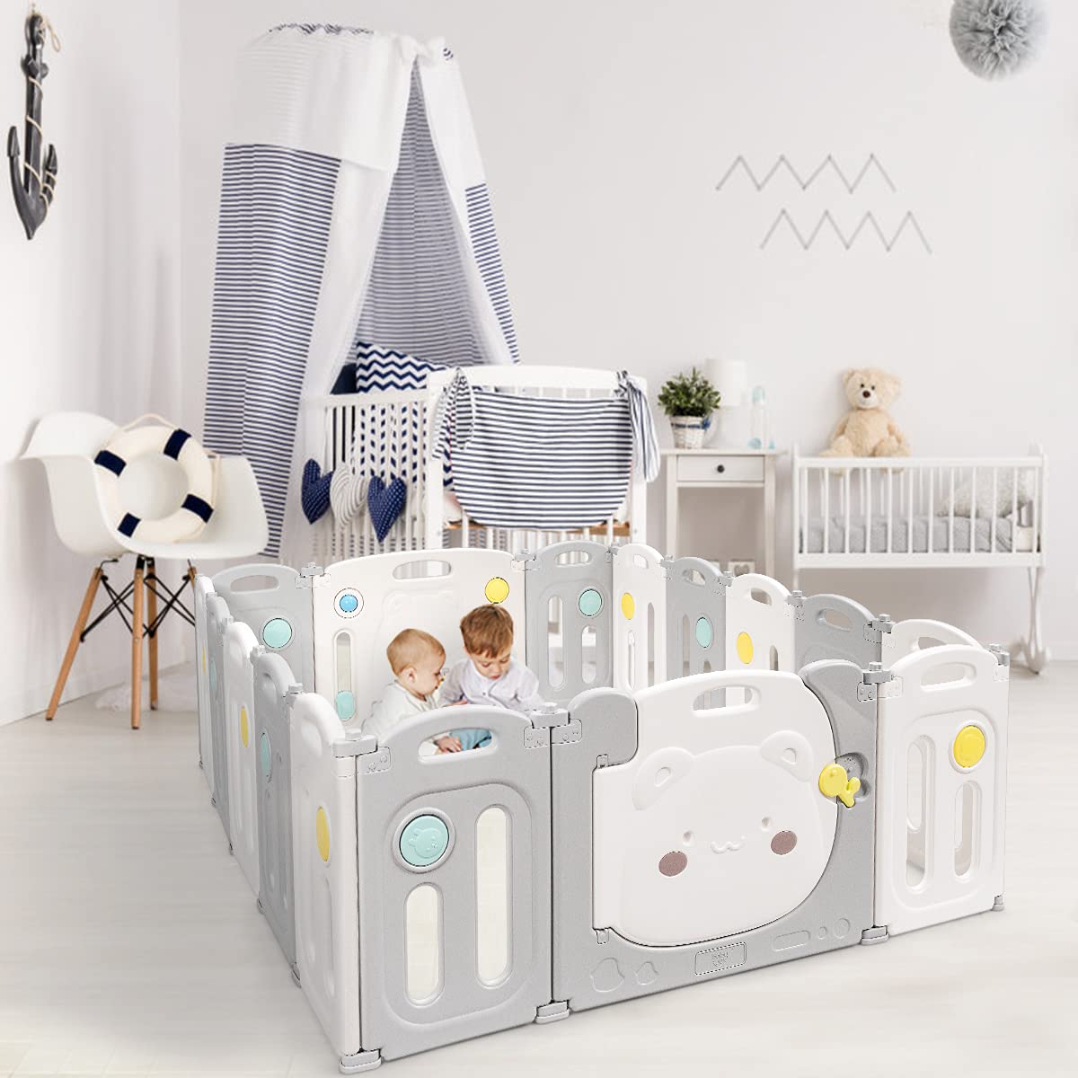 BABY JOY Foldable Baby Playpen 16 Panels, Kids Safety Yard Activity Center with Cute Bear Pattern, Storage Bag, Door with Safety Lock & Educational Toys