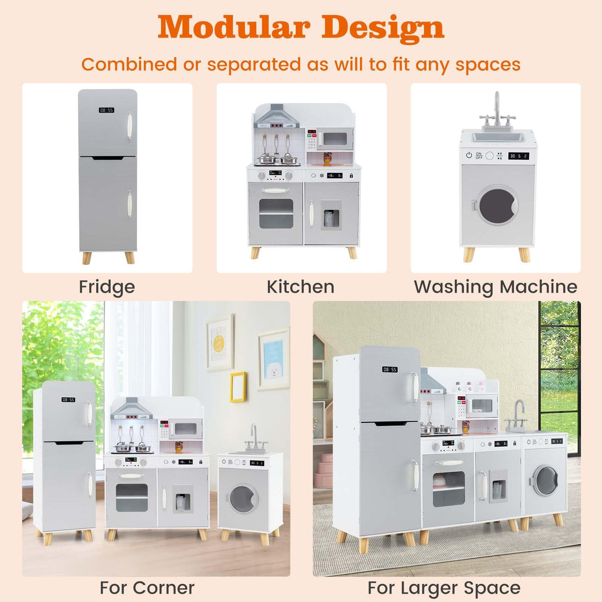 3-in-1 Kids Kitchen Playset Corner Pretend Play Kitchen w/Fridge Washing Machine