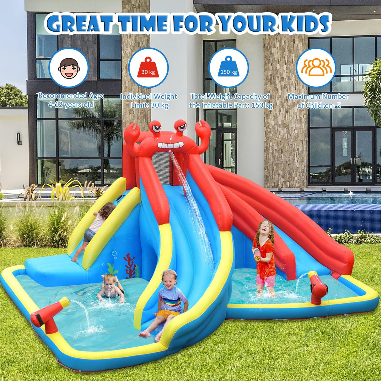 HONEY JOY Inflatable Water Slide, 7 in 1 Giant Water Park Double Long Slide w/Splash Pool, Tunnel Adventure (with 750W Blower)