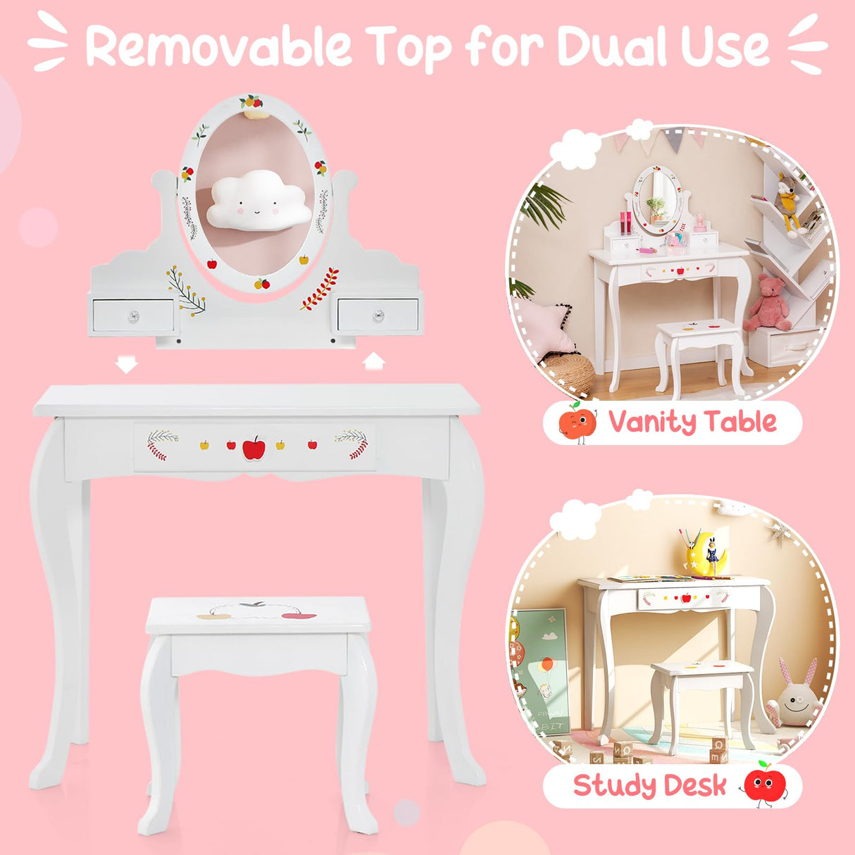 HONEY JOY Kids Vanity & Stool Set, Kids Dressing Table w/360° Rotatable Mirror, Whiteboard, 3 Storage Drawers, Cute Apple Patterns