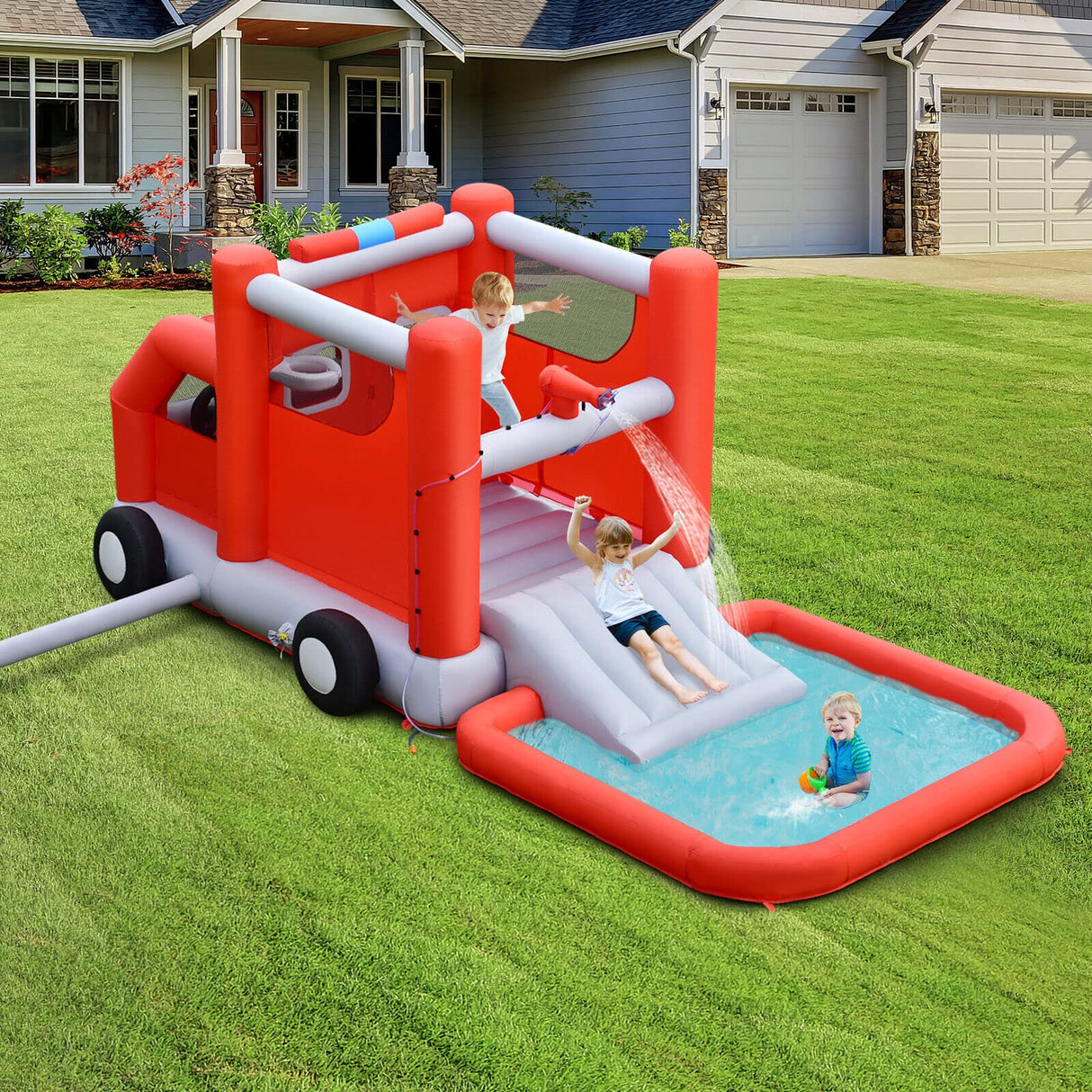 HONEY JOY Inflatable Water Slide, 4 in 1 Fire Truck Water Park Jumping Bounce House Wet & Dry Combo