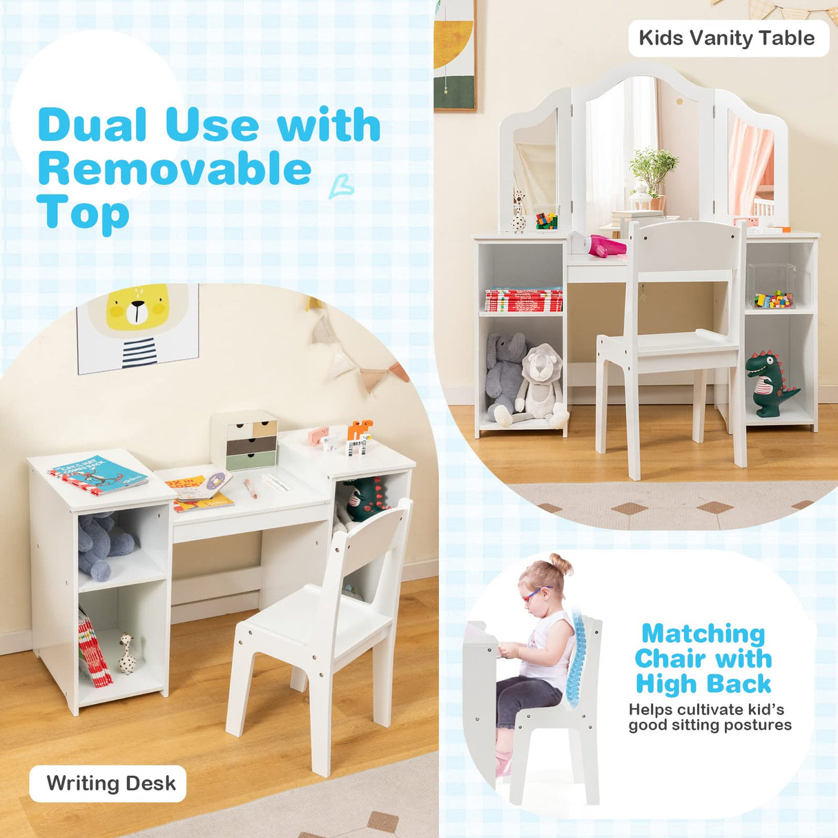 HONEY JOY 2 in 1 Kids Vanity Table & Chair Set, Princess Vanity Table with Removable Tri-fold Mirror