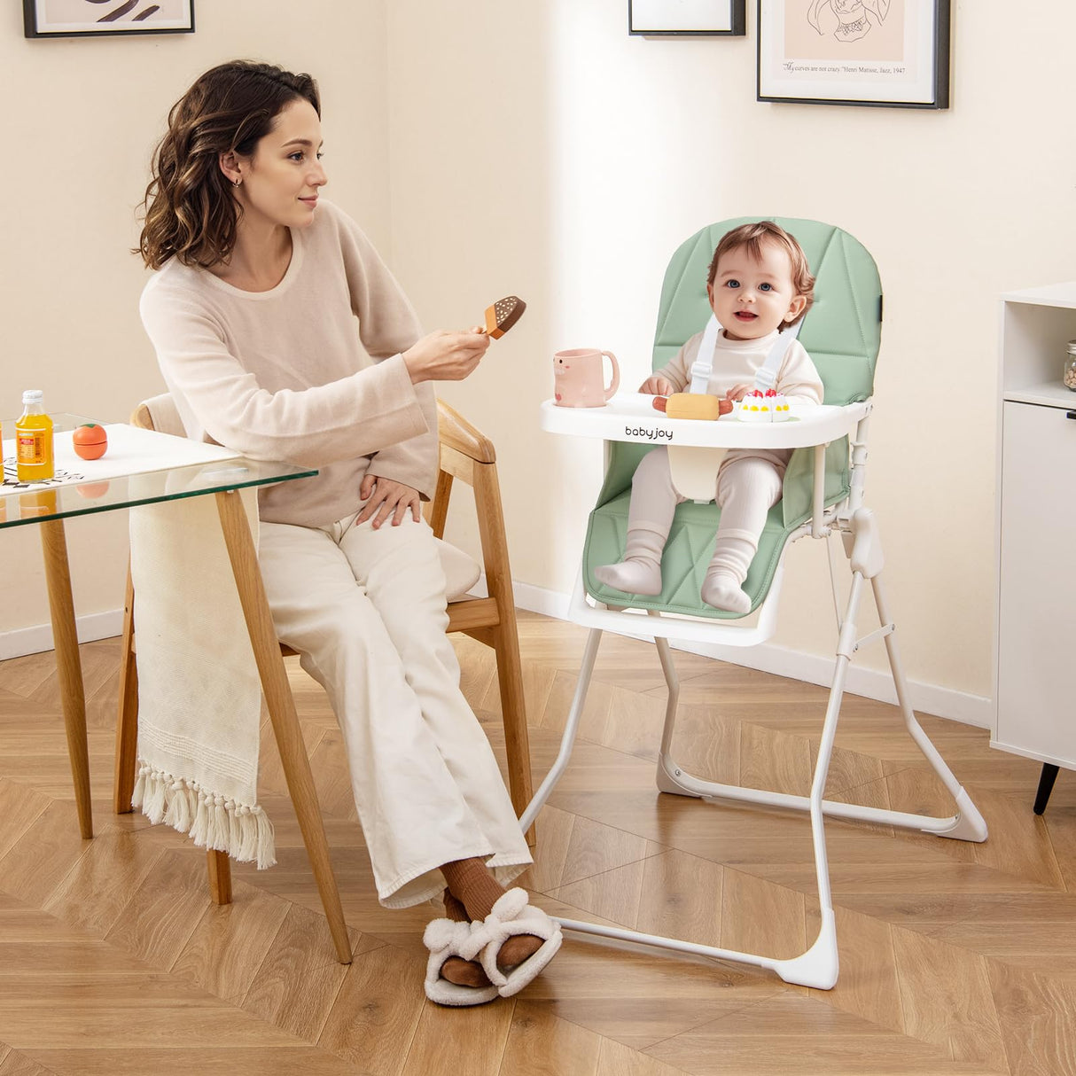 BABY JOY Foldable High Chair, Easy Clean Compact Highchair with Removable Adjustable Tray and PU Seat Cushion