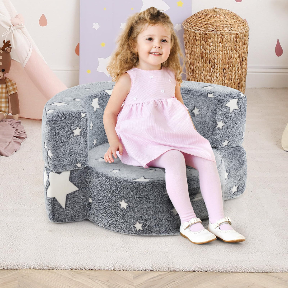 HONEY JOY 2-in-1 Toddler Chair, Glow in The Dark Kids Couch with Removable & Washable Cover