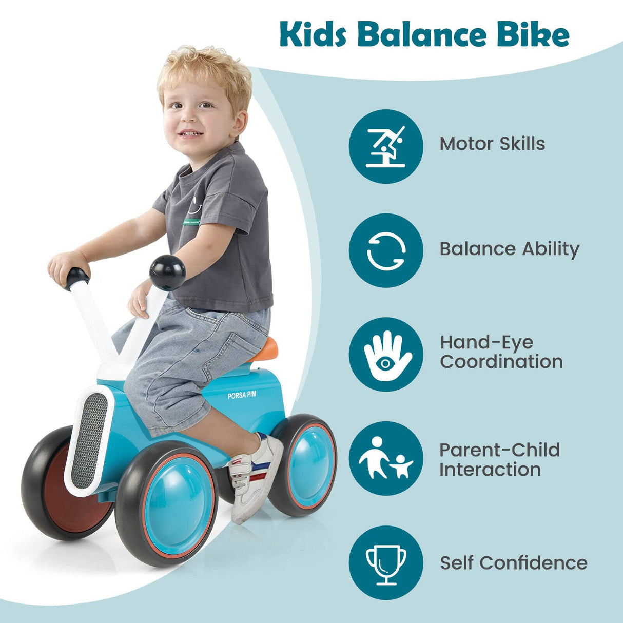 HONEY JOY Baby Balance Bike Aluminum Alloy Toddler Balance Bike with 4 Enclosed EVA Wheels