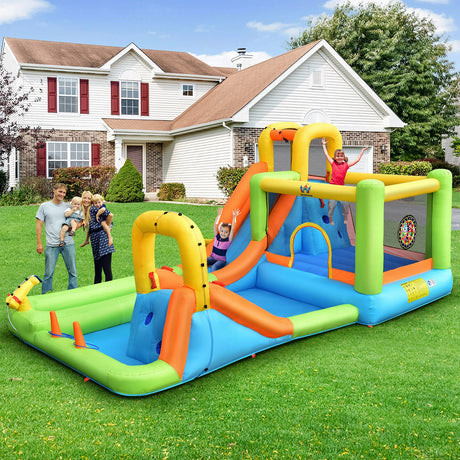 HONEY JOY 8 in 1 Inflatable Water Slide, Water Park w/Double Slides, Basketball Hoop, Water Gun (with 680W Blower)