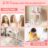 HONEY JOY 2 in 1 Kids Vanity Table Set, Princess Pretend Play Makeup Dressing Table w/Tri-Folding Mirror & Stool