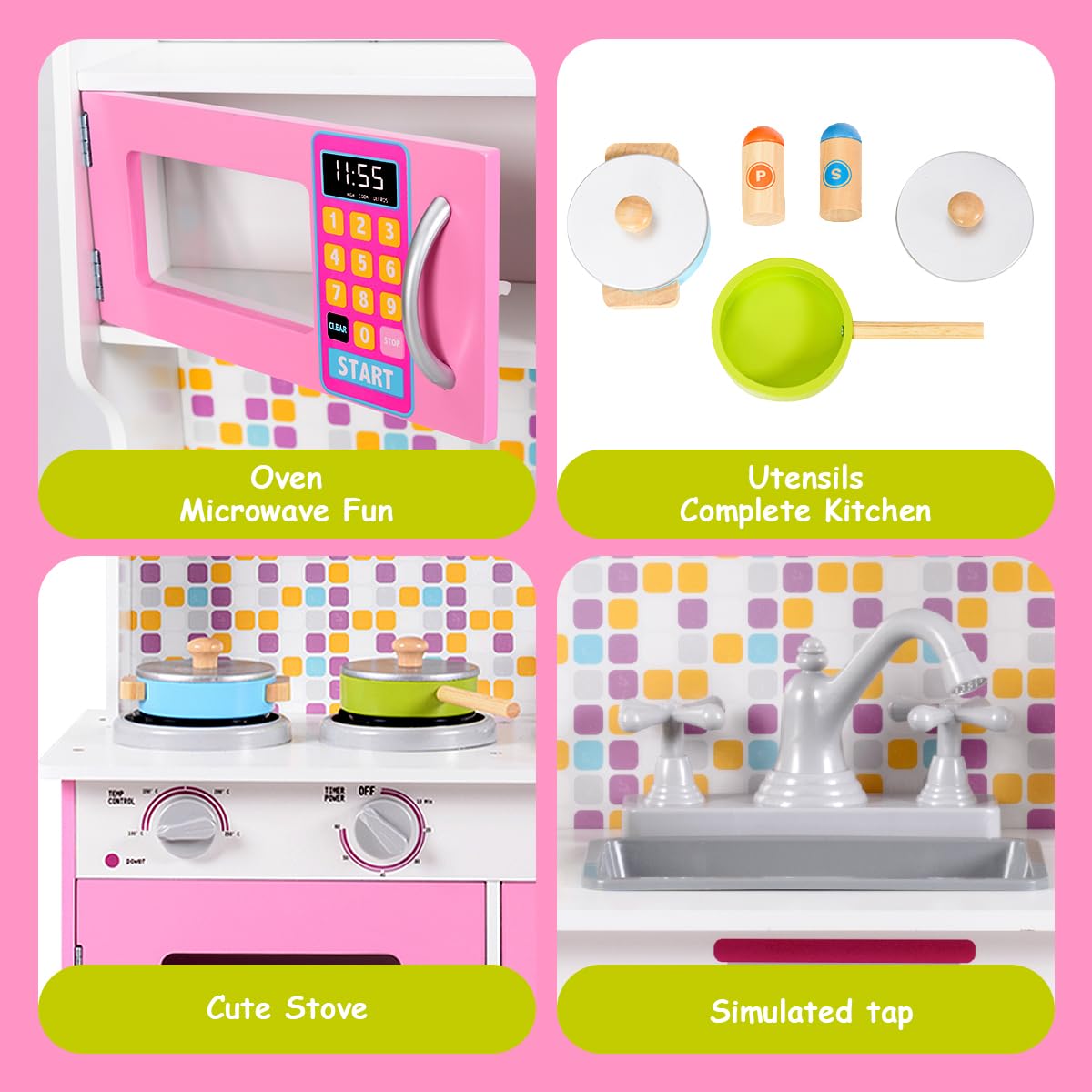 HONEY JOY Kids Kitchen Playset, Pretend Chef Cooking Play Set for Children with Microwave, Pan