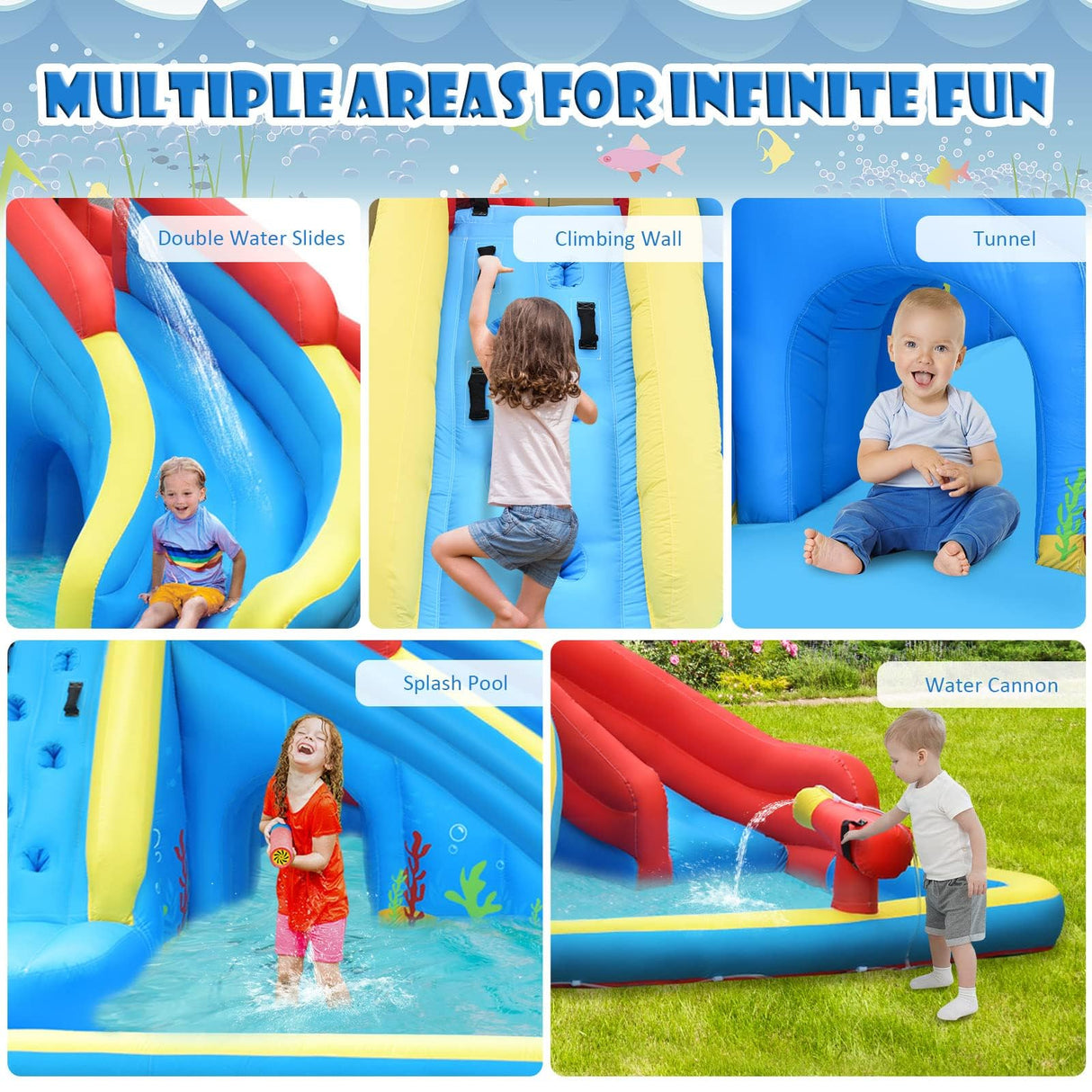 HONEY JOY Inflatable Water Slide, 7 in 1 Giant Water Park Double Long Slide w/Splash Pool, Tunnel Adventure (with 750W Blower)