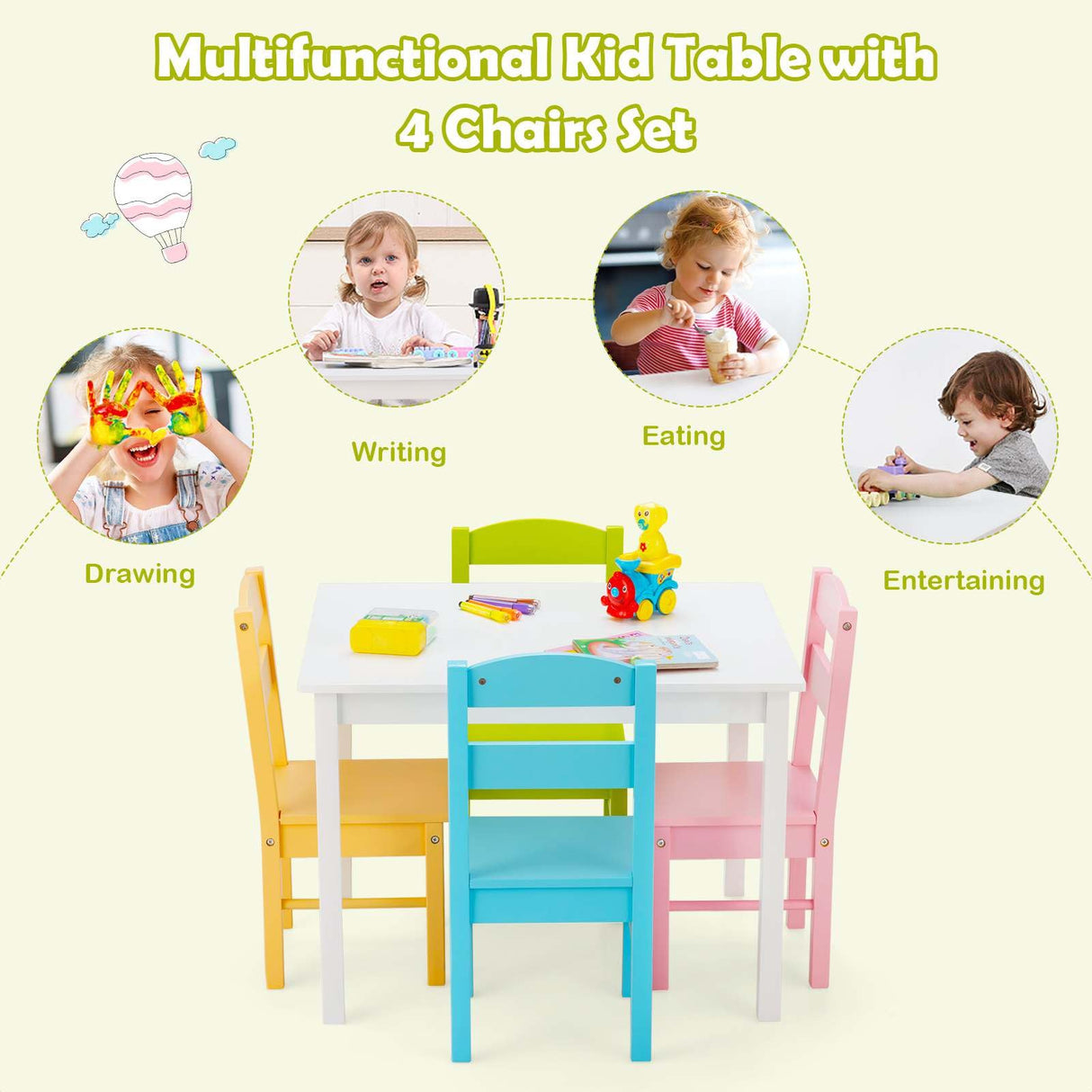 Kids Table and 4 Chairs Set 5 Pieces Wooden Activity Desk for Drawing Reading