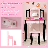 HONEY JOY Kids Vanity Table & Stool Set, Pretend Play Beauty Makeup Dressing Table w/Tri-Folding Mirror & Single Drawer