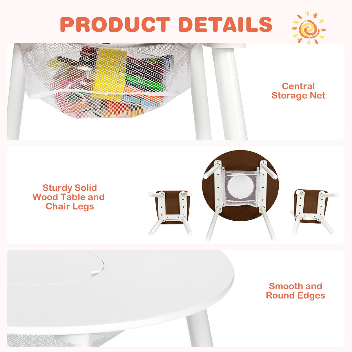 HONEY JOY Kids Table and Chair Set, 3PC Wood Activity Table w/Center Mesh Storage, White