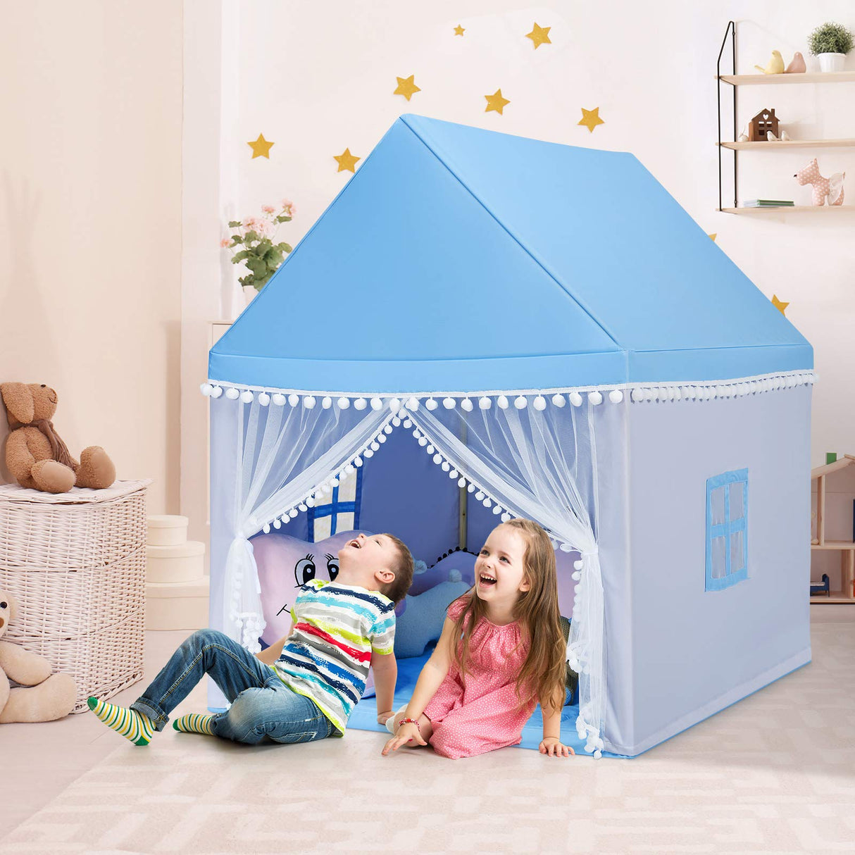 BABY JOY Kids Play Tent, Children Play House w/Solid Wood Frame & Cotton Mat