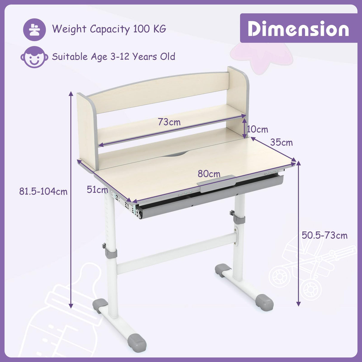 Height Adjustable Children Writing Table w/Tilt Desktop, Home School Student Learning Desk w/Hutch