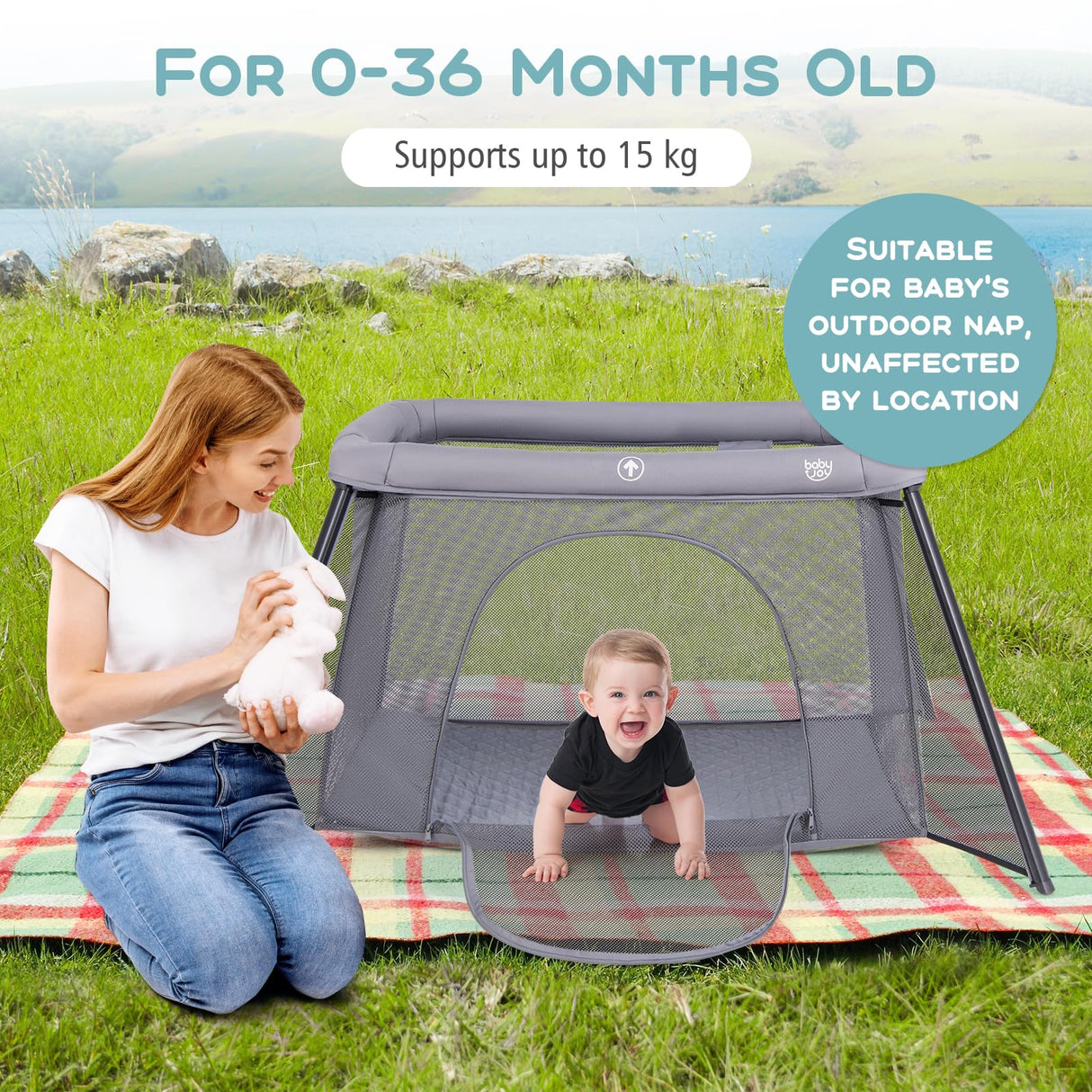 BABY JOY Foldable Portacot, 2-in-1 Baby Travel Cot with Safety Enclosure & Padded Mattress