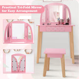 HONEY JOY 2-in-1 Kids' Vanity Set, Kids Wooden Vanity Table & Stool with Tri-Folding Mirror, Single Drawer