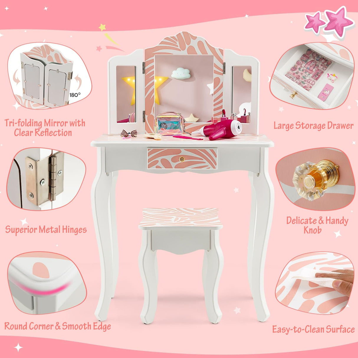 HONEY JOY 2 in 1 Kids Vanity Table Set, Princess Pretend Play Makeup Dressing Table w/Tri-Folding Mirror & Stool