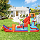 HONEY JOY Inflatable Waterslide, 6-in-1 Pirate Ship Bounce House w/Long Slide, Climbing Wall, Splash Pool