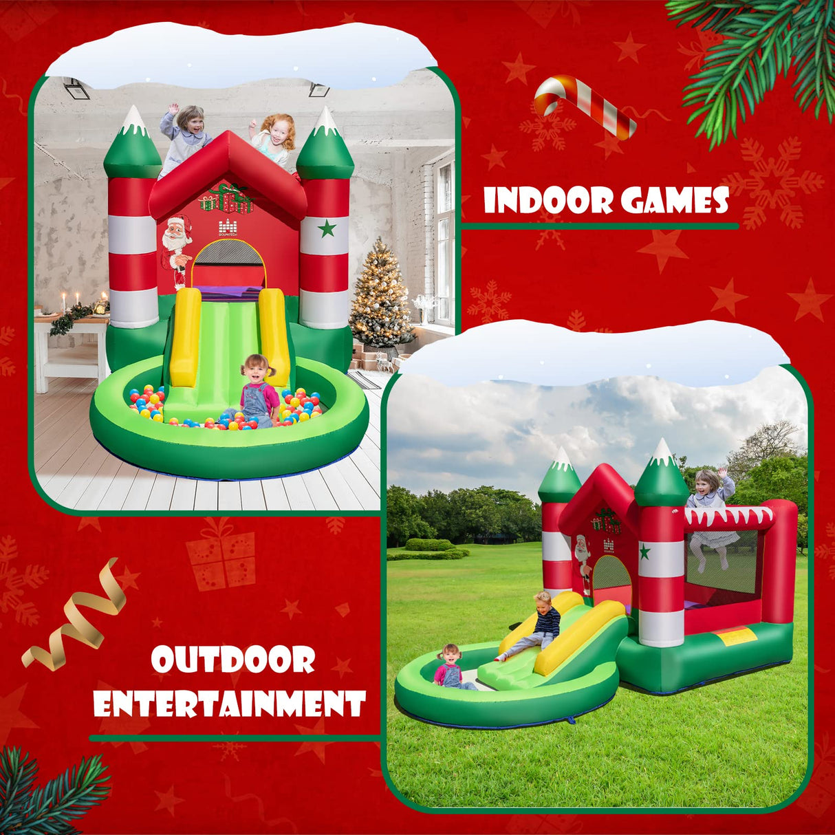 HONEY JOY Inflatable Bounce House, Christmas Themed Jumping Castle w/Slide, Trampoline, Round Ball Pit Pool