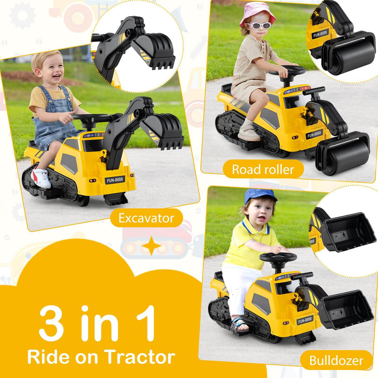 HONEY JOY 3-in-1 Kid Ride on Tractor w/Adjustable Arms, Electric Excavator Bulldozer Toy Road Roller w/Music