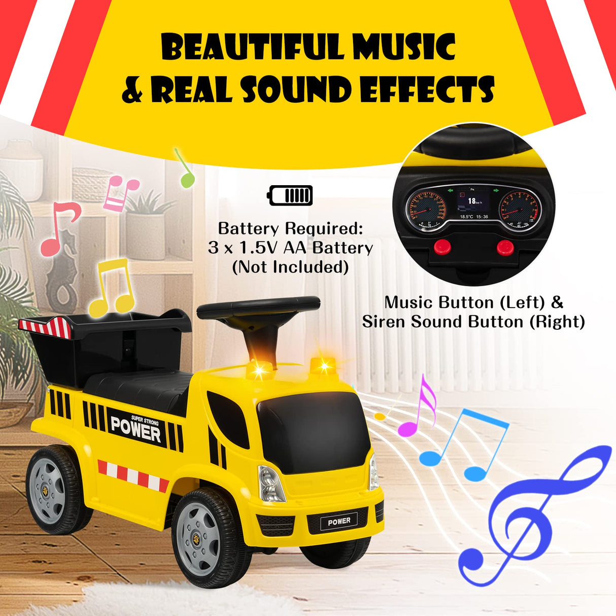 HONEY JOY Kids Ride On Car, Ride On Truck Toy w/Steering Wheel, Flash Lights, Siren Sound & Music