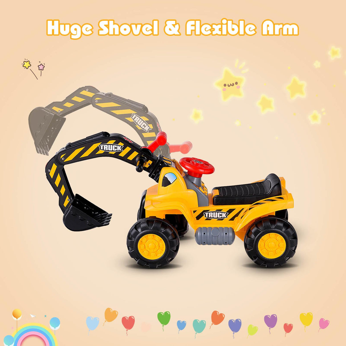 HONEY JOY Kids Ride On Excavator, Outdoor Digger Scooper Pulling Cart W/Safety Helmet Horn Underneath Storage