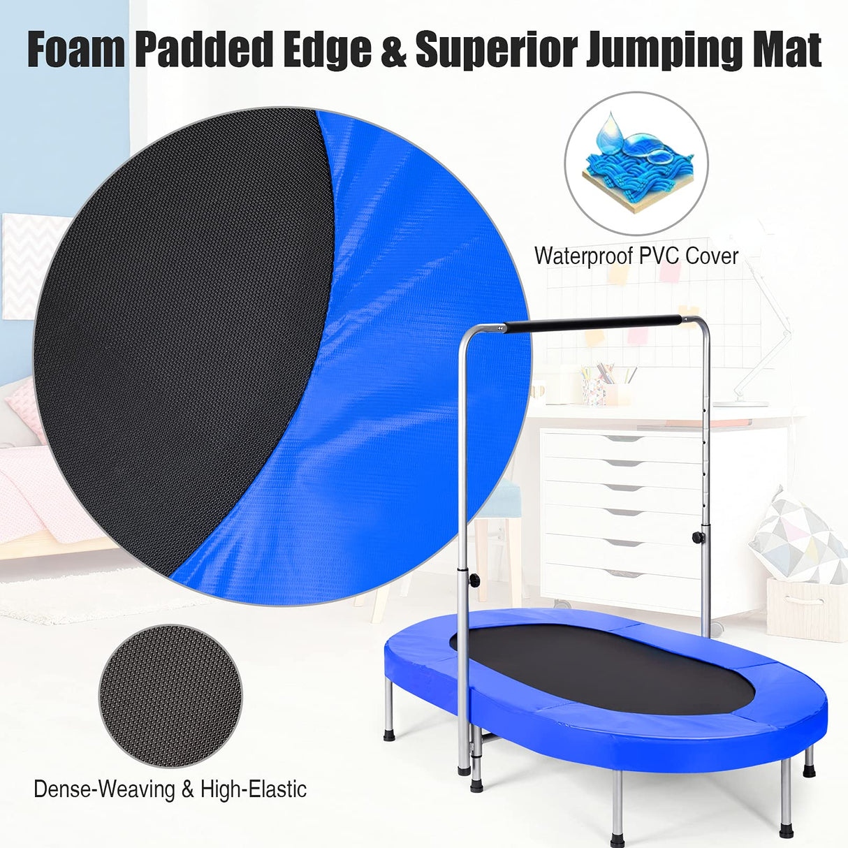 HONEY JOY Double Trampoline for 2 Kids, Children Foldable Jumping Fitness Trampoline w/Adjustable Handrail & Safety Pad